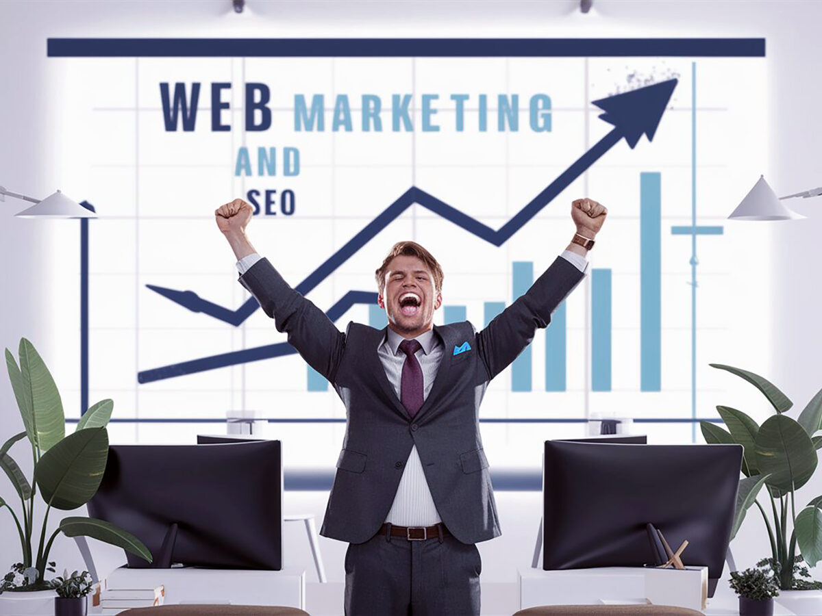 SEO And Web Marketing Success Businessman Celebrates Achievement