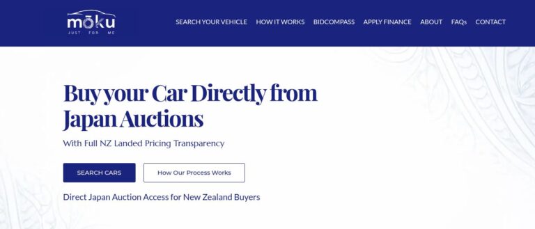 Moku Motors website showing vehicle search navigation, a clear offer and action buttons